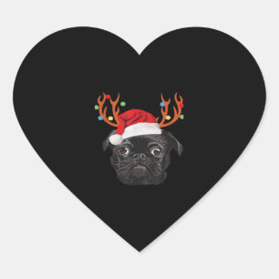 Black Pug Santa Christmas Reindeer Christmas Light Heart Sticker