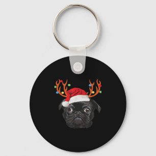 Black Pug Santa Christmas Reindeer Christmas Light Key Ring