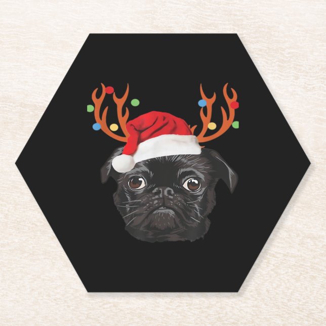 Black Pug Santa Christmas Reindeer Christmas Light Paper Coaster (Front)