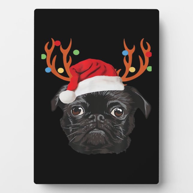 Black Pug Santa Christmas Reindeer Christmas Light Plaque (Front)