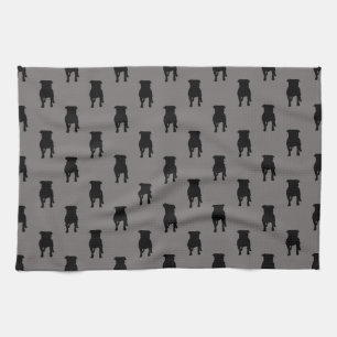 Black Pug Silhouettes on Grey Background Tea Towel