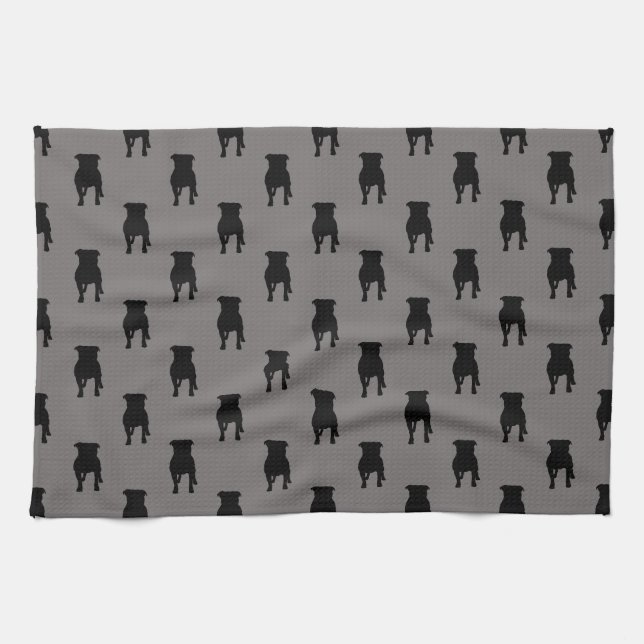 Black Pug Silhouettes on Grey Background Tea Towel (Horizontal)