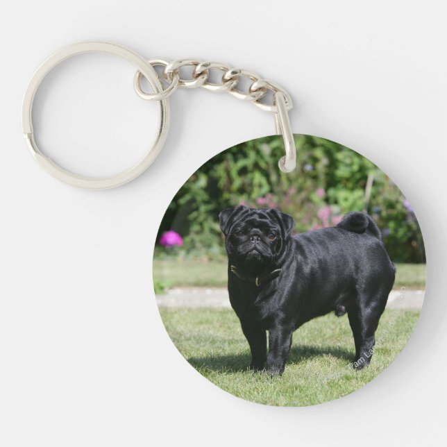 Black Pug Standing Looking at Camera Key Ring (Front)