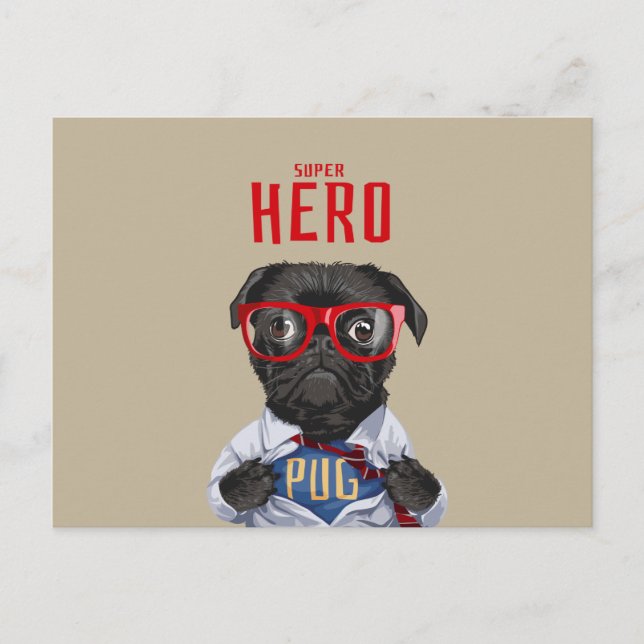 Black Pug Superhero illustration Postcard (Front)
