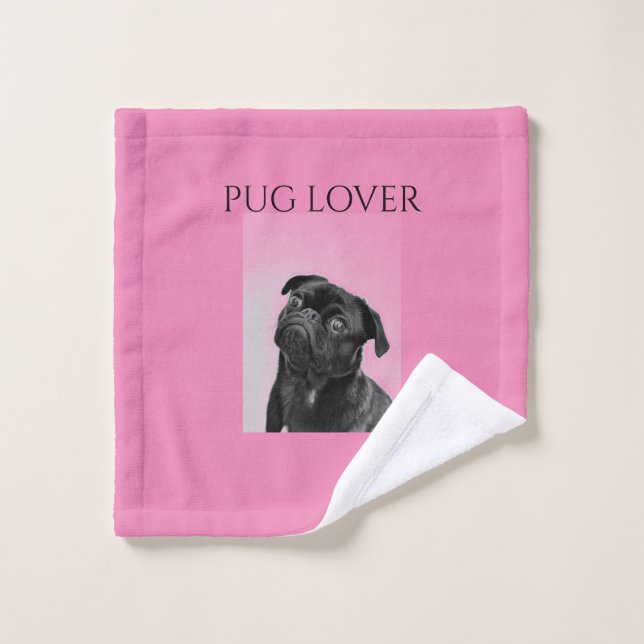 Black pug wash cloth in pink. (Wash Cloth)