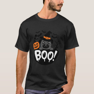Black Pug Witch Hat Bats Spooky Pumpkin Halloween  T-Shirt