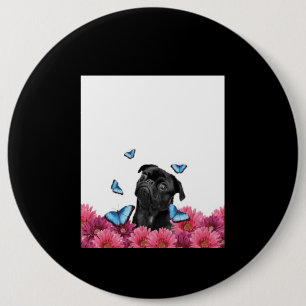 Black Pug With Blue Butterflies And Gerberas 6 Cm Round Badge
