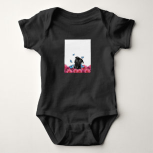 Black Pug With Blue Butterflies And Gerberas Baby Bodysuit