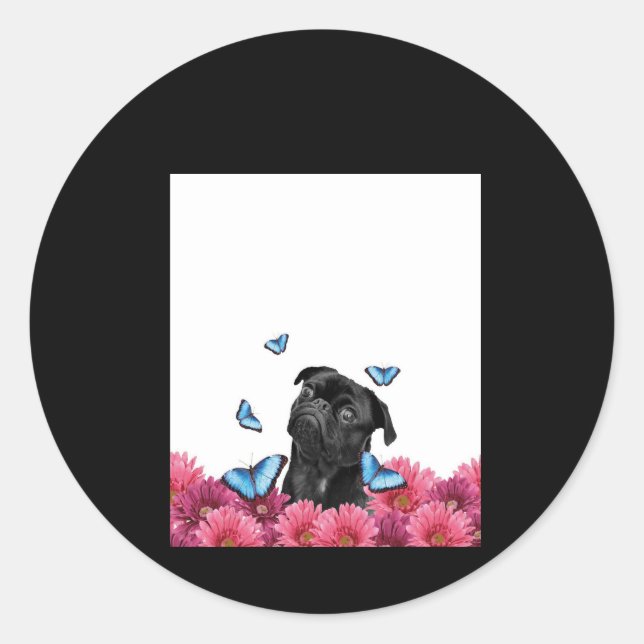 Black Pug With Blue Butterflies And Gerberas Classic Round Sticker (Front)