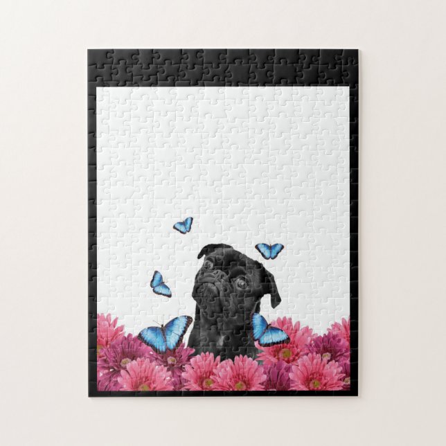 Black Pug With Blue Butterflies And Gerberas Jigsaw Puzzle (Vertical)