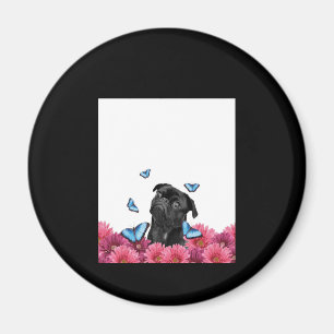 Black Pug With Blue Butterflies And Gerberas Magnet
