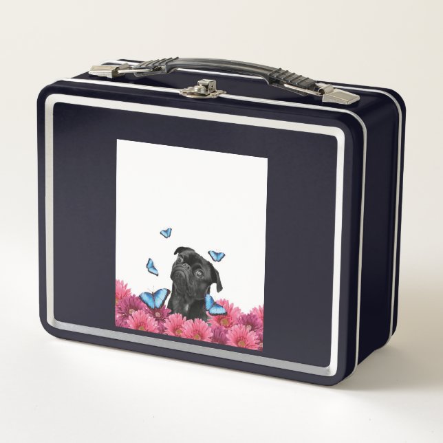 Black Pug With Blue Butterflies And Gerberas Metal Lunch Box (Front)