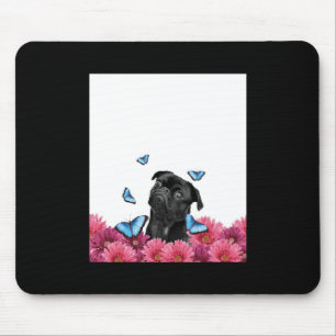 Black Pug With Blue Butterflies And Gerberas Mouse Pad