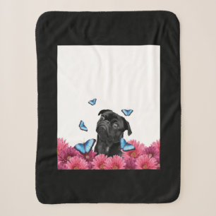 Black Pug With Blue Butterflies And Gerberas Sherpa Blanket