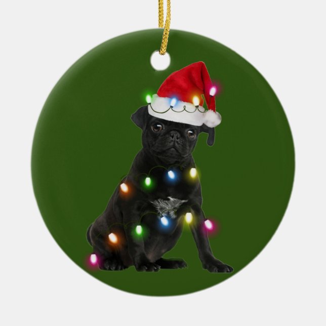 Black Pug With Christmas Scafts Santa Hat Ceramic Ornament (Front)
