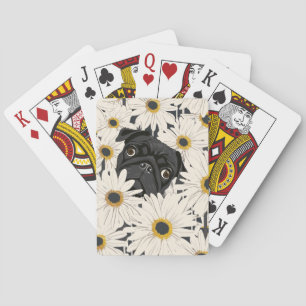 Black Pug with Daisy Flowers Playing Cards