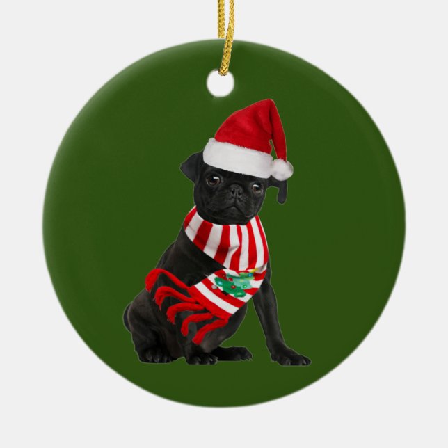 Black Pug With Hat Scaft Christmas Ceramic Ornament (Front)