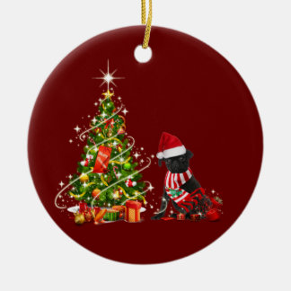 Black pug With Hat Scaft Christmas Ceramic Ornament