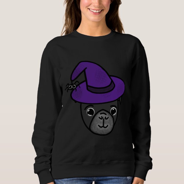 Black Pug with Purple Witch Hat and Spider Friend  Sweatshirt (Front)