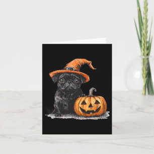 Black Pug With Witch Hat And Pumpkin Halloween Pug Card