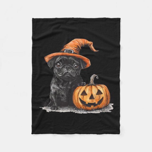 Black Pug With Witch Hat And Pumpkin Halloween Pug Fleece Blanket (Front)