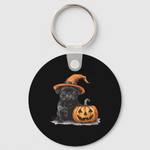 Black Pug With Witch Hat And Pumpkin Halloween Pug Key Ring