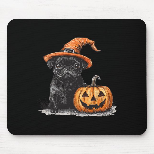 Black Pug With Witch Hat And Pumpkin Halloween Pug Mouse Pad (Front)