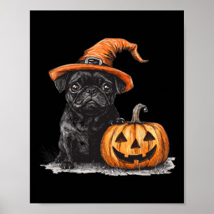 Black Pug With Witch Hat And Pumpkin Halloween Pug Poster