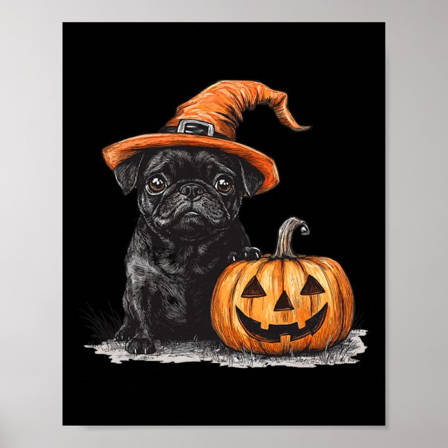 Black Pug With Witch Hat And Pumpkin Halloween Pug Poster (Front)