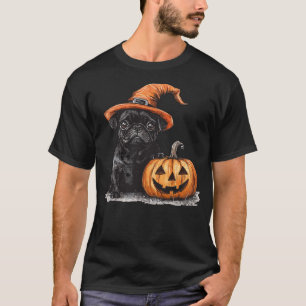 Black Pug with Witch Hat and Pumpkin Halloween Pug T-Shirt