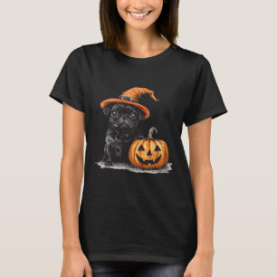 Black Pug With Witch Hat And Pumpkin Halloween Pug T-Shirt