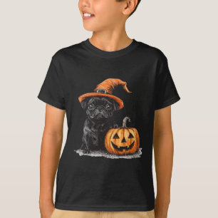Black Pug With Witch Hat And Pumpkin Halloween Pug T-Shirt