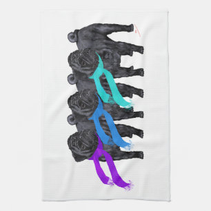 Black Pugs in Scarves Tea Towel