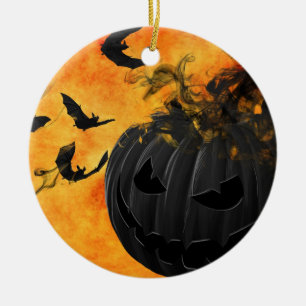 Black pumpkin and bats ceramic ornament