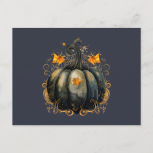 Black Pumpkin Gold Scrollwork Leaves Halloween Holiday Postcard