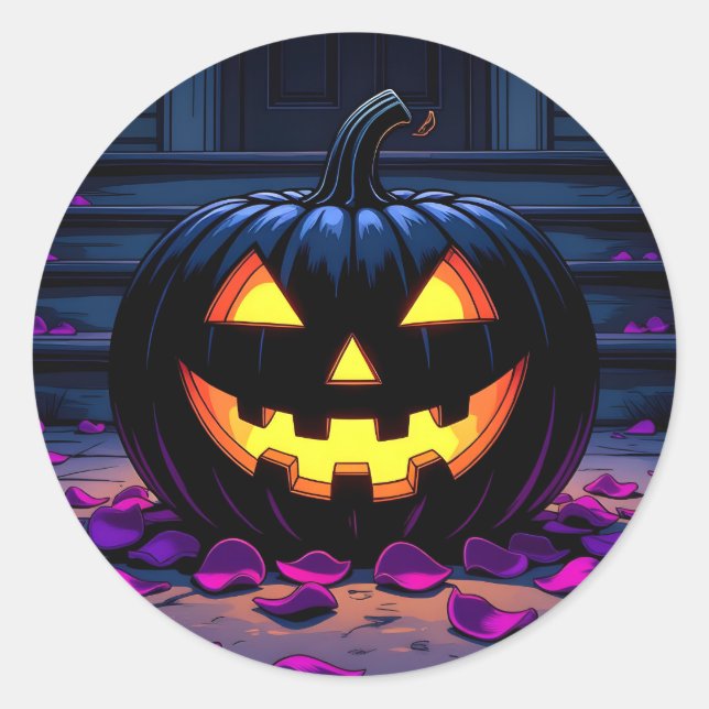 Black Pumpkin Jack-O-Lantern Halloween Classic Round Sticker (Front)
