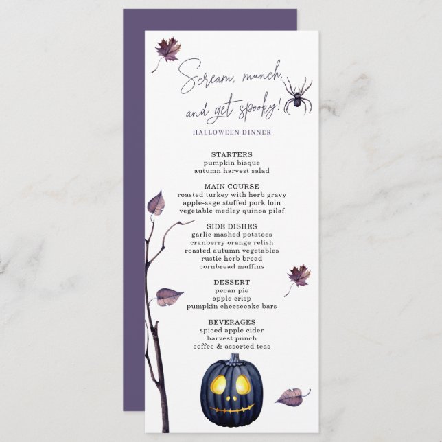 Black Pumpkin & Spider Fall Elegant Halloween  Menu (Front/Back)