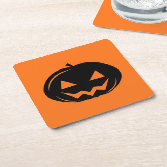 Black pumpkin square paper coaster (Angled)