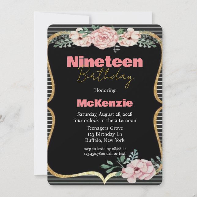 Black Punk Peony Gold Girl 19th Birthday Party Invitation (Front)
