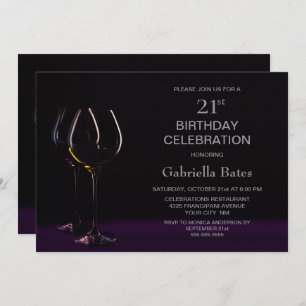 Black Purple 21st Birthday Wine Glass Party Invitation