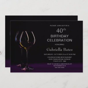 Black Purple 40th Birthday Wine Glass Party Invitation