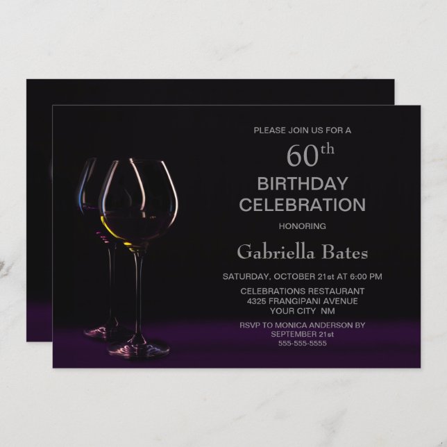 Black Purple 60th Birthday Wine Glass Party Invitation (Front/Back)