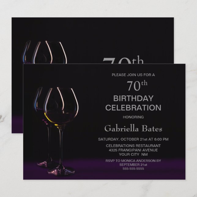 Black Purple 70th Birthday Wine Glass Party Invitation (Front/Back)