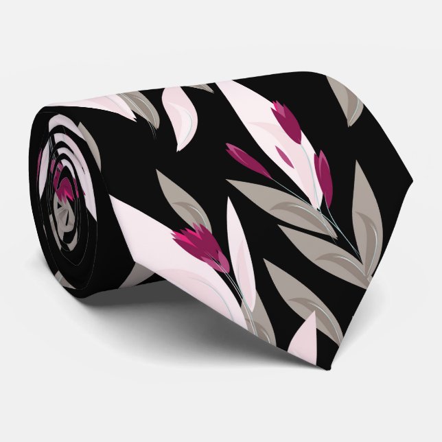 Black purple abstract red retro flower pattern tie (Rolled)