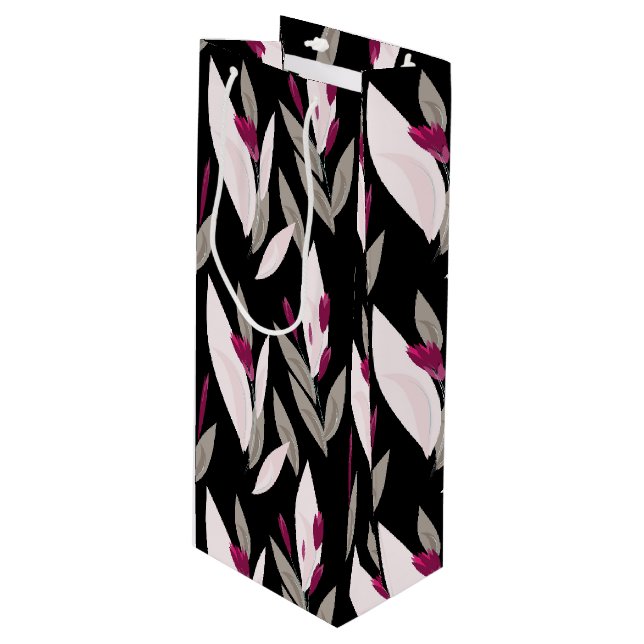 Black purple abstract red retro flower pattern wine gift bag (Front Angled)