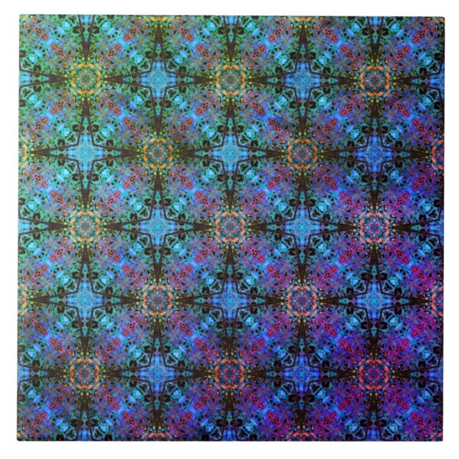 Black, Purple, and Blue Moroccan Stars Pattern Ceramic Tile (Front)