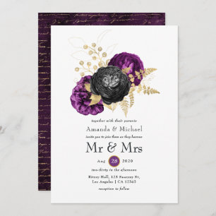 Black Purple and Gold Floral Gothic Wedding Invitation