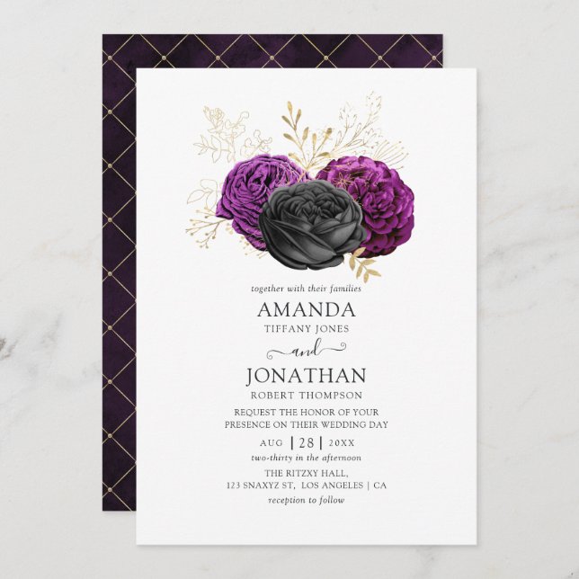 Black Purple and Gold Floral Gothic Wedding Invitation (Front/Back)