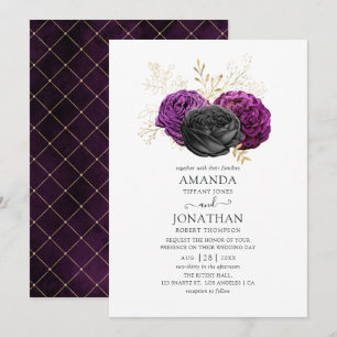 Black Purple and Gold Floral Gothic Wedding Invitation