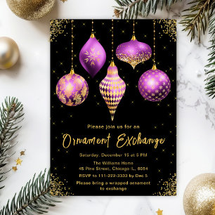 Black, Purple and Gold Ornament Exchange Party Invitation